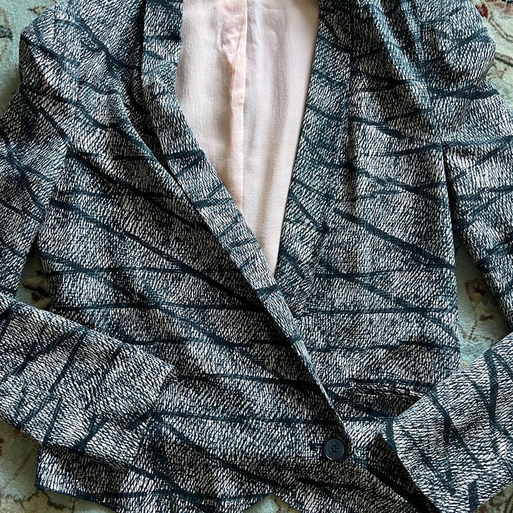 Rebecca Minkoff Navy and Gray Silk Blazer with Classic Notched Lapels